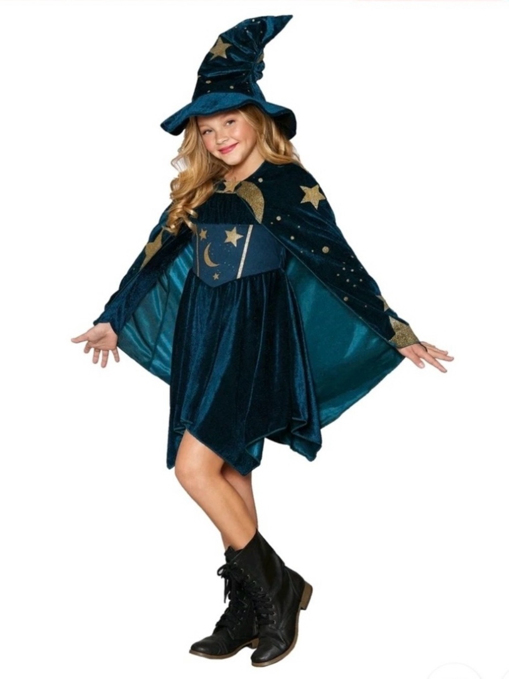 Girls Blue Star & Moon Wizard Costume with Hat And Cape Set